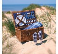 (HZ138) 2 Person Navy Wicker Hamper Cutlery, plates, wine goblets, napkins, bottle opener, chop...