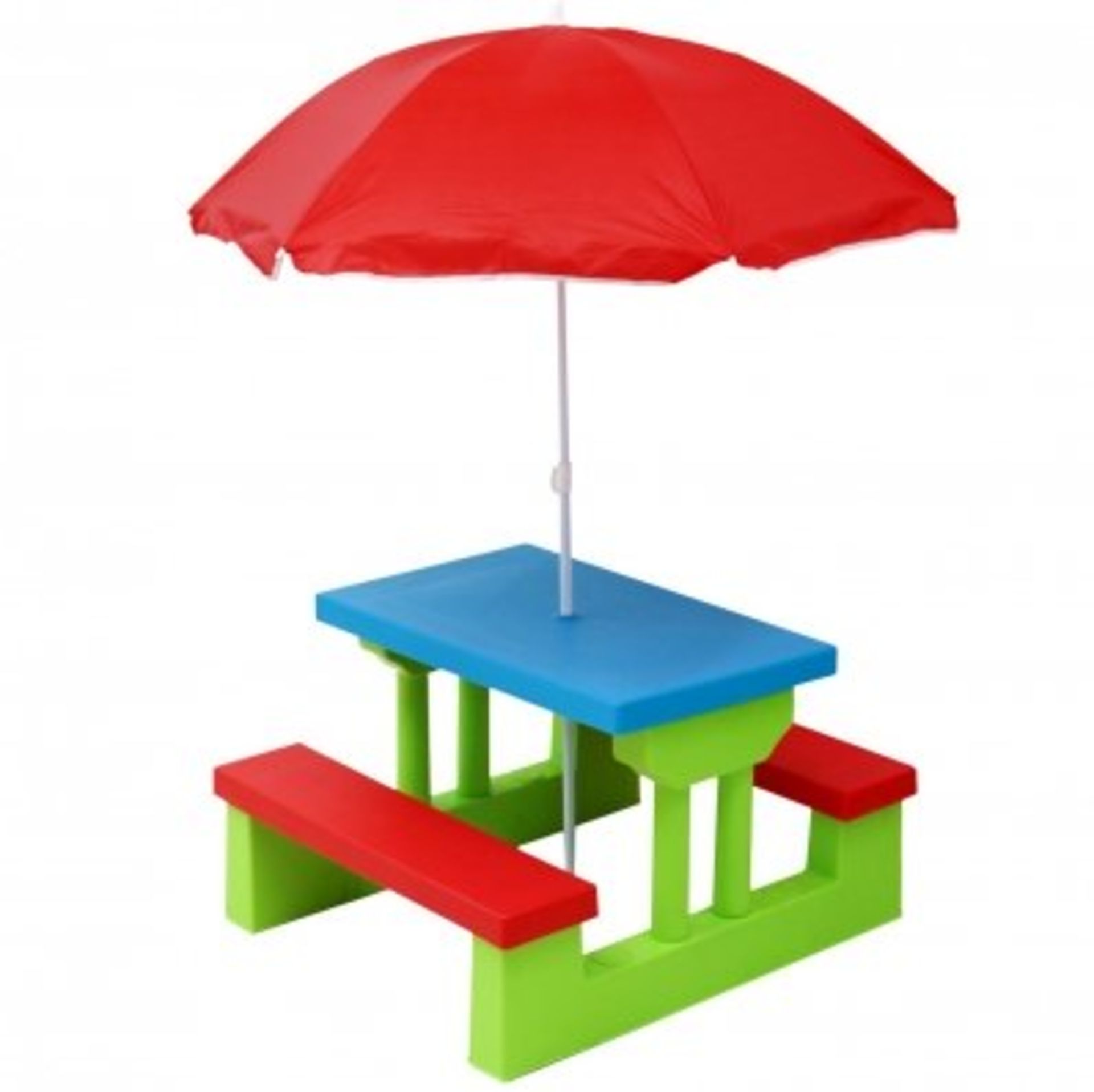 (KK18) Kids Childrens Picnic Bench Table Set Outdoor Parasol Furniture This colourful picnic...