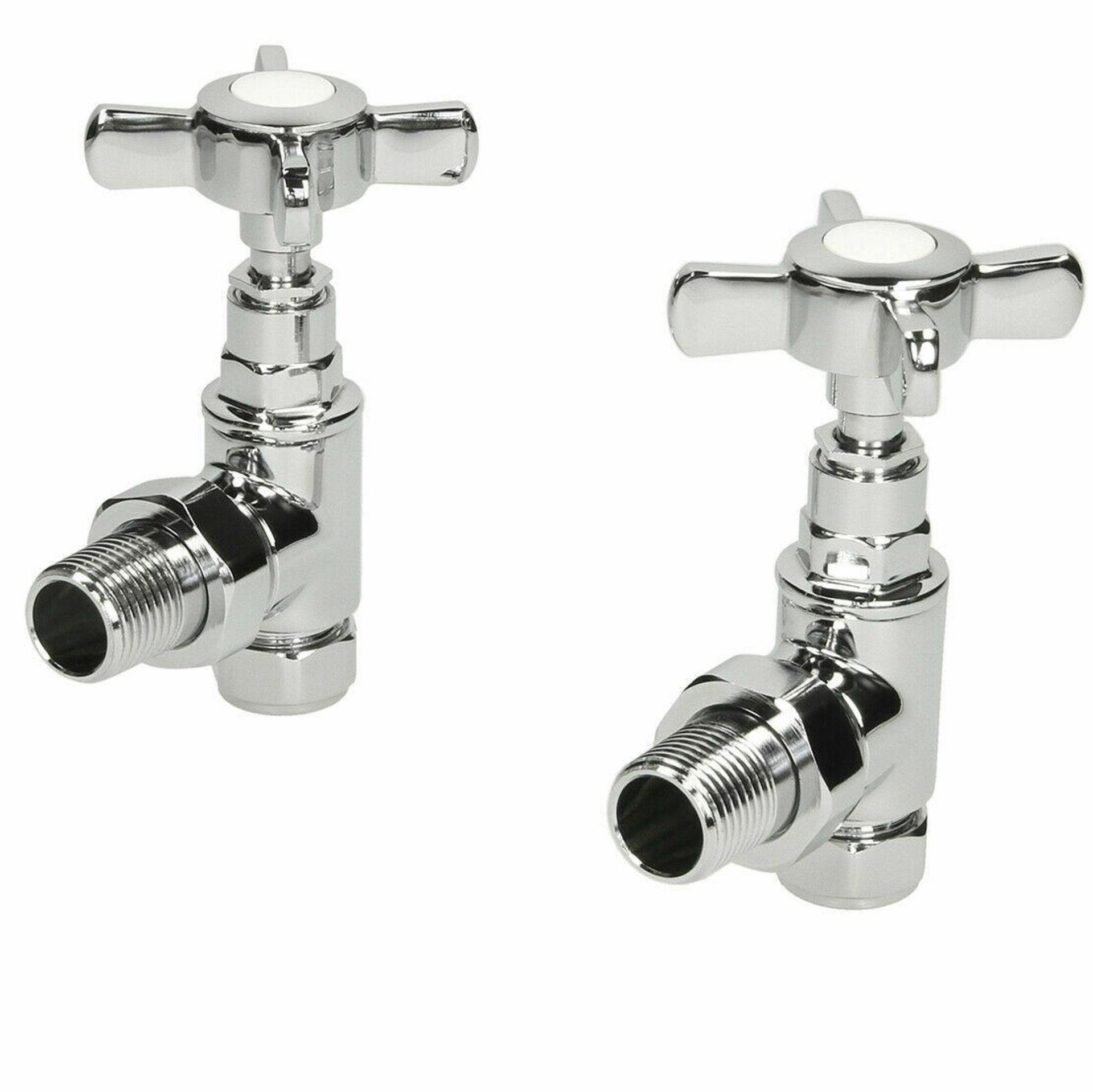 BRAND NEW BOXED Traditional Angled Heated Towel Rail Radiator Valves Cross Head Pair 15mm Manua...