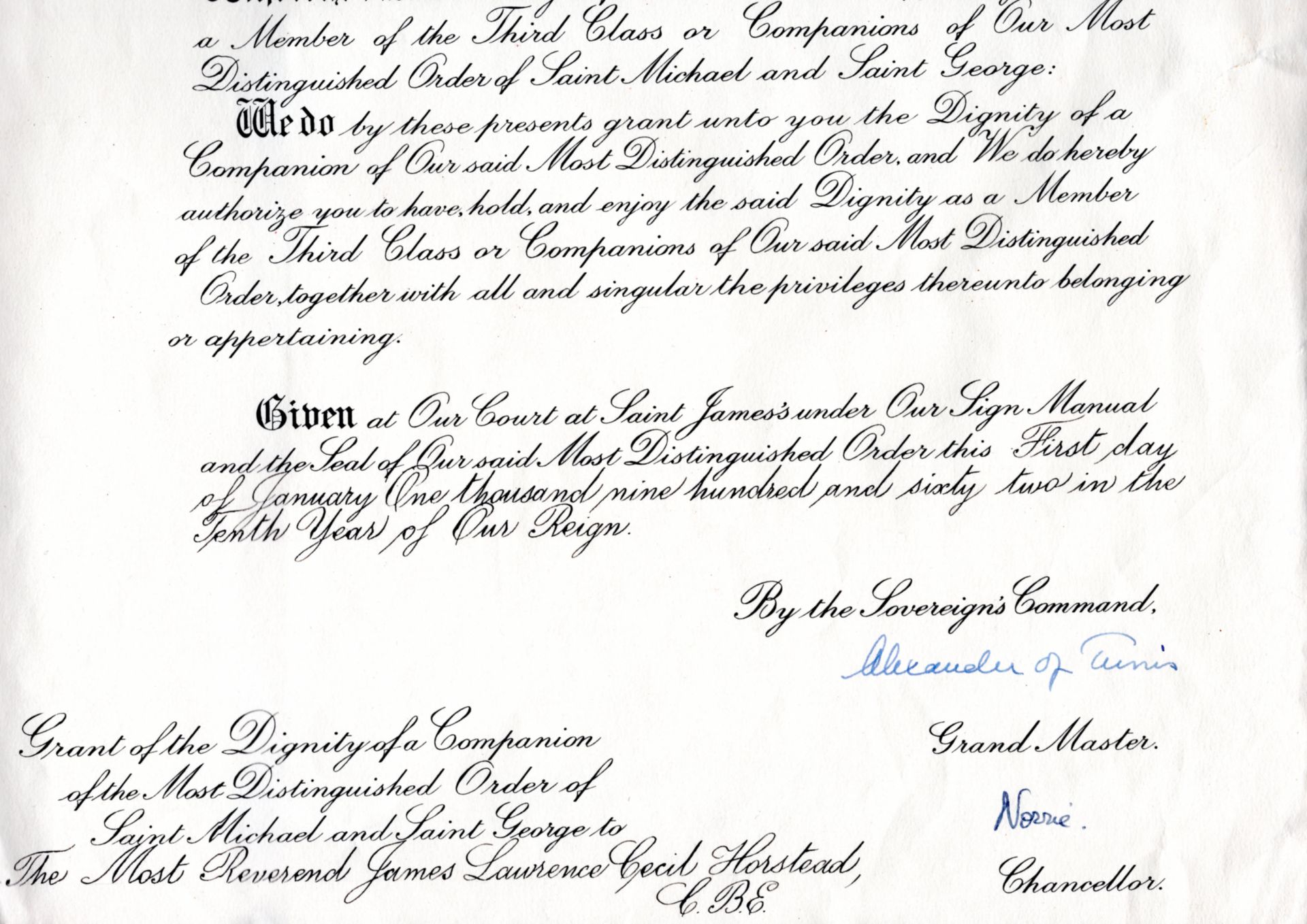 2 x Queen Elizabeth II Grants CBE + CMG signed Philip & Alexander of Tunis - Image 6 of 6