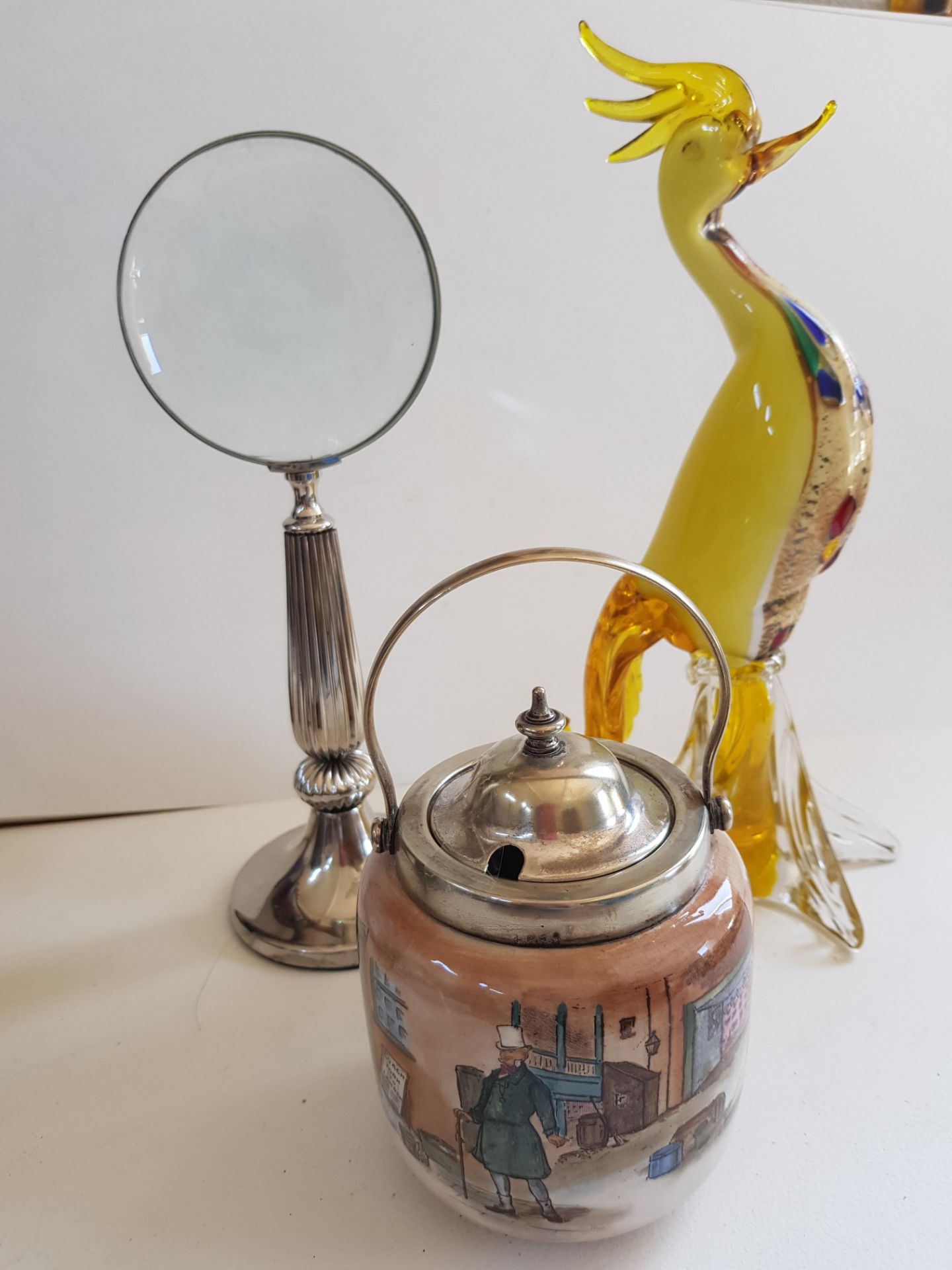 Vintage Royal Doulton Jam Pot With A Magnifying Glass And A Glass Bird