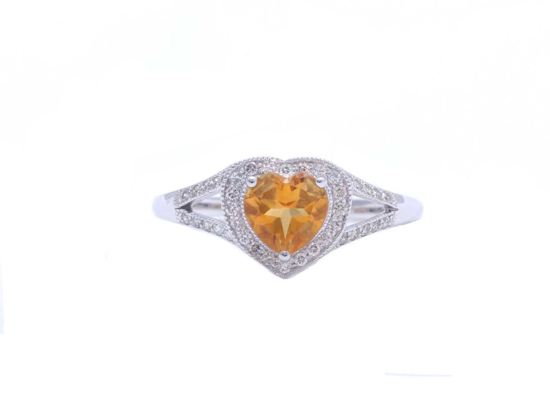 9ct White Gold Heart Shape Citrine Diamond Ring 0.20 Carats