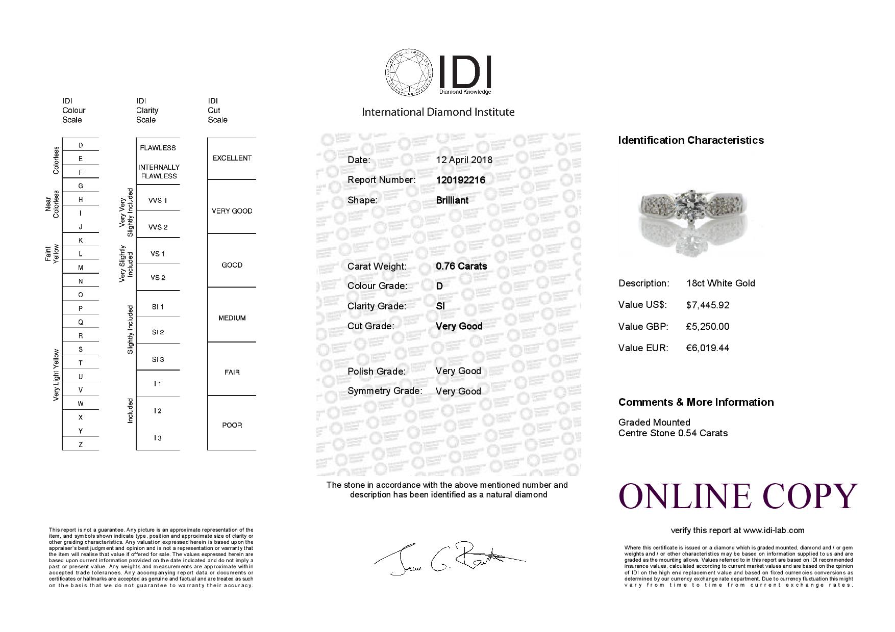 18ct White Gold Single Stone Claw Set With Stone Set Shoulders Diamond Ring 0.76ct (0.54) Carats - Image 5 of 5