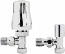 Chrome Thermostatic Control Angled Designer Radiator Valves Pair 15mm ½" NEW. RA07A RRP £49.9...