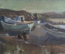 Ernest Burnett Hood Original signed oil painting depicting shoreline Boat Repairs