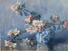 Ethel Hall original signed watercolour still life depicting Dog roses in a Delph vase