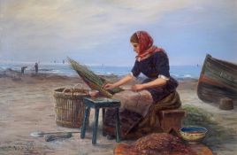 William Scott Myles Scottish artist Original signed oil painting Mending the nets