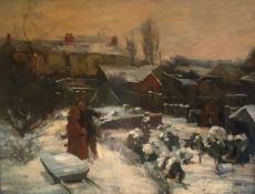 John Rennie Mackenzie Houston Scottish artist original signed oil painting "Snow in the allotment"