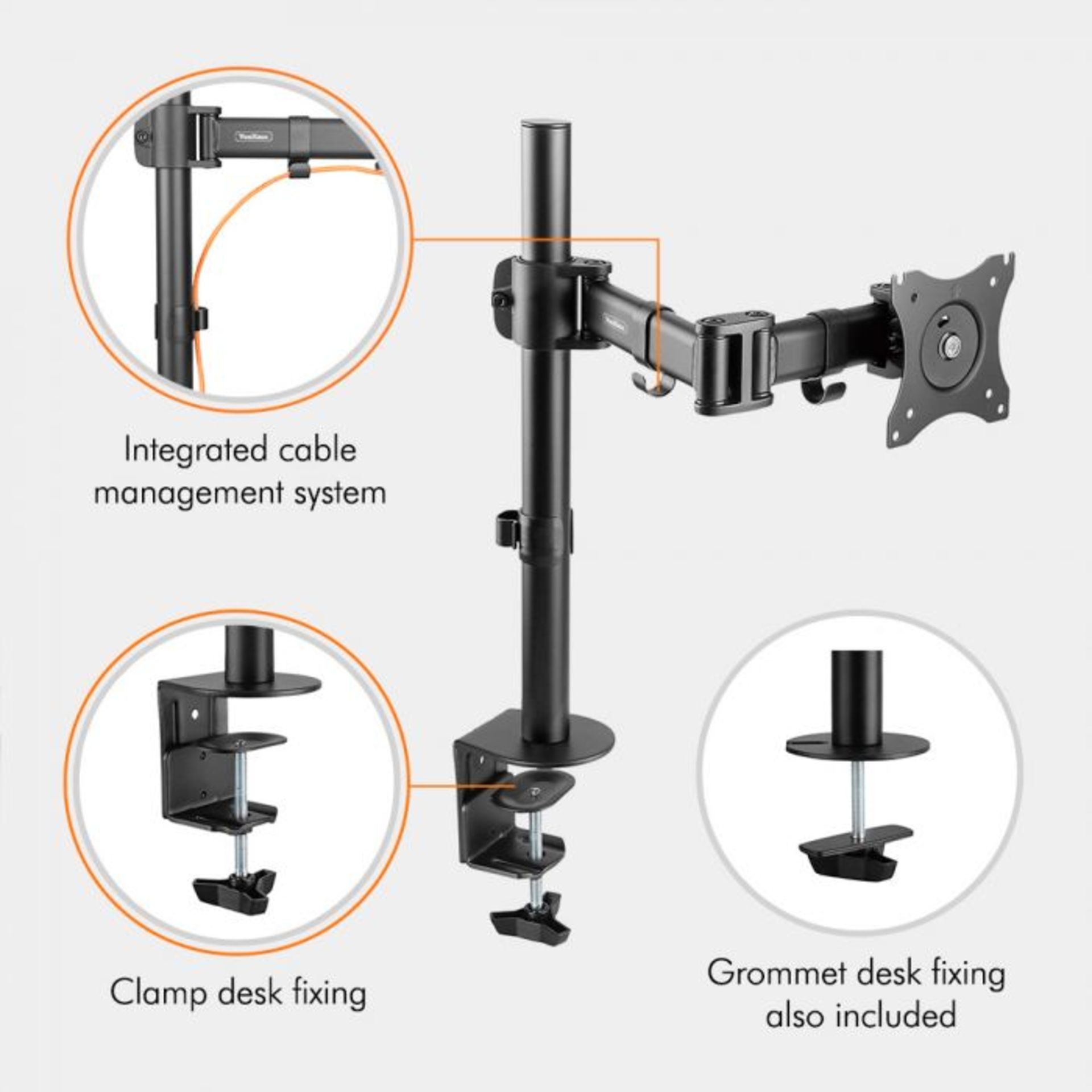 (V335) Single Monitor Mount with Clamp Equipped with 90° tilt, 180° swivel and 360° rotatio... - Image 2 of 4