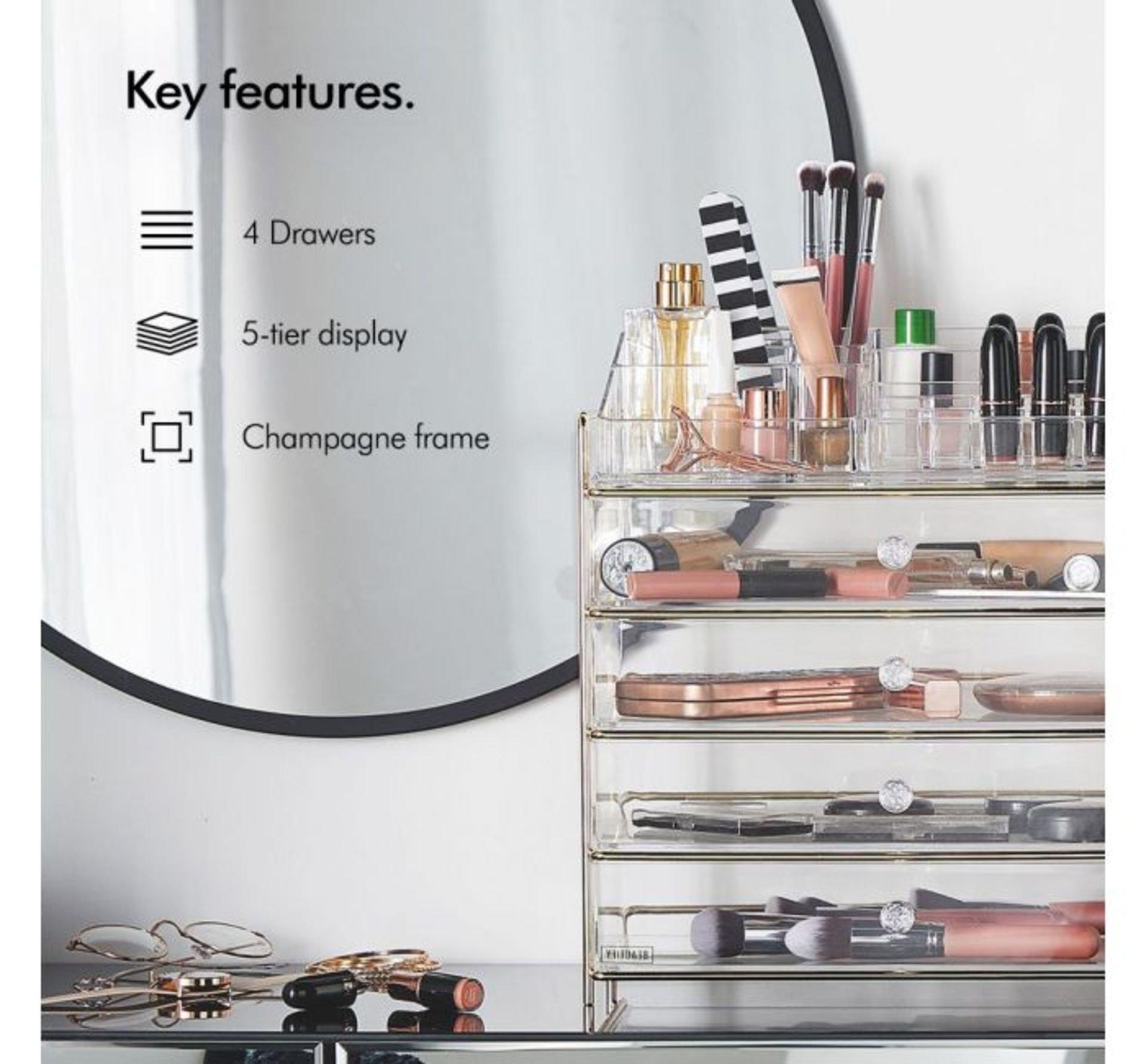 (OM40) 5 Tier Cosmetic Organiser The 5 tier display features 4 large removable drawers with ... - Image 3 of 3