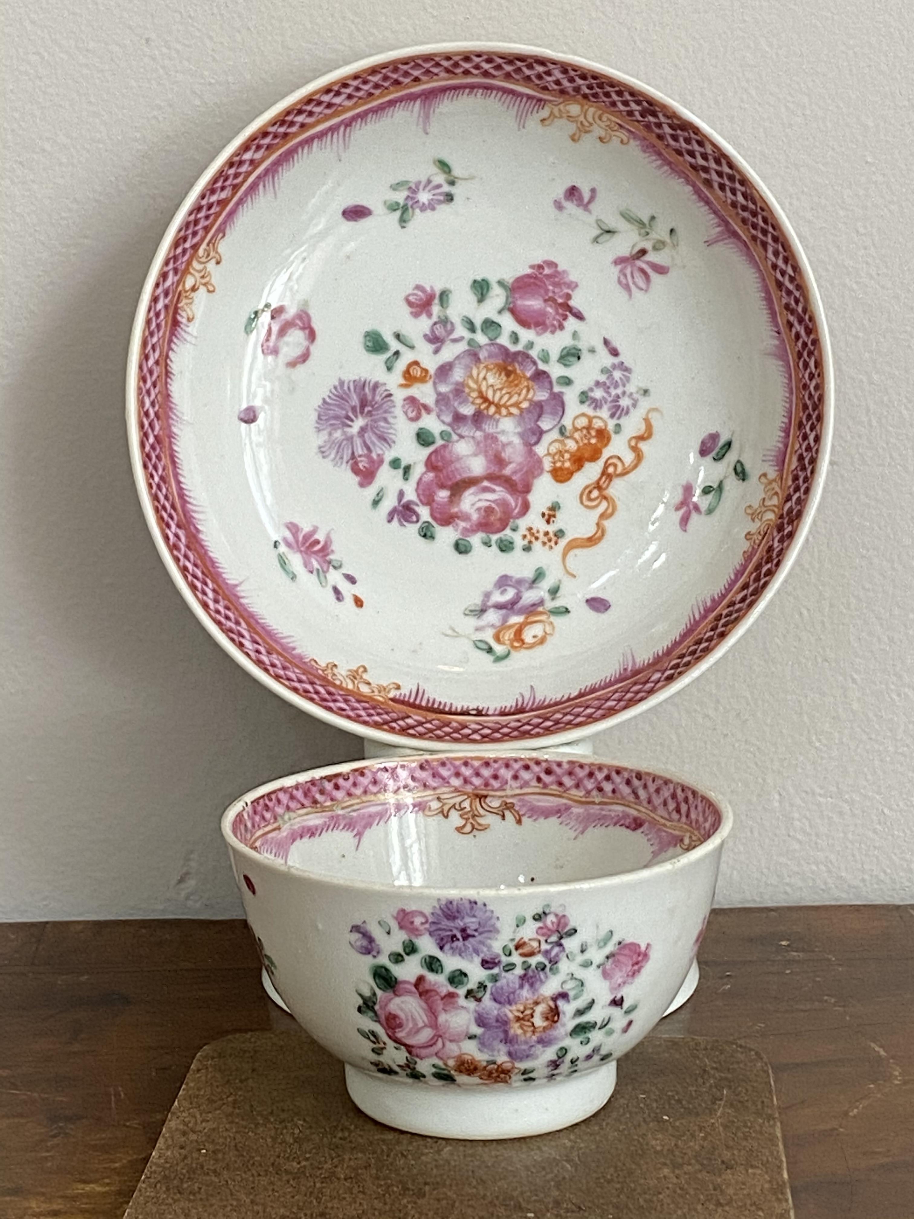 C18th famille rose Chinese saucer and tea bowl
