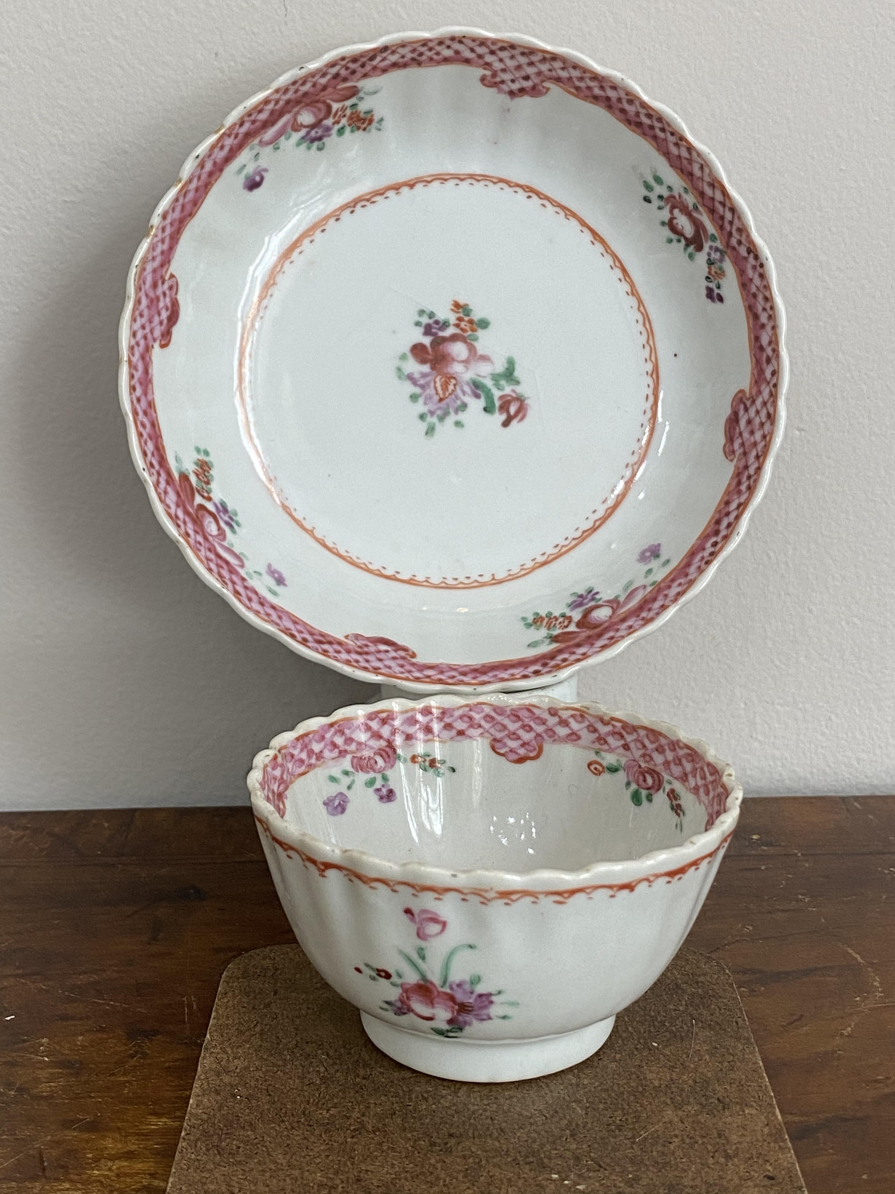 C18th famille rose tea bowl and saucer