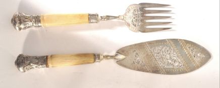 A pair of 19th century Victorian bone and silver hallmarked handled fish knife and fork set.