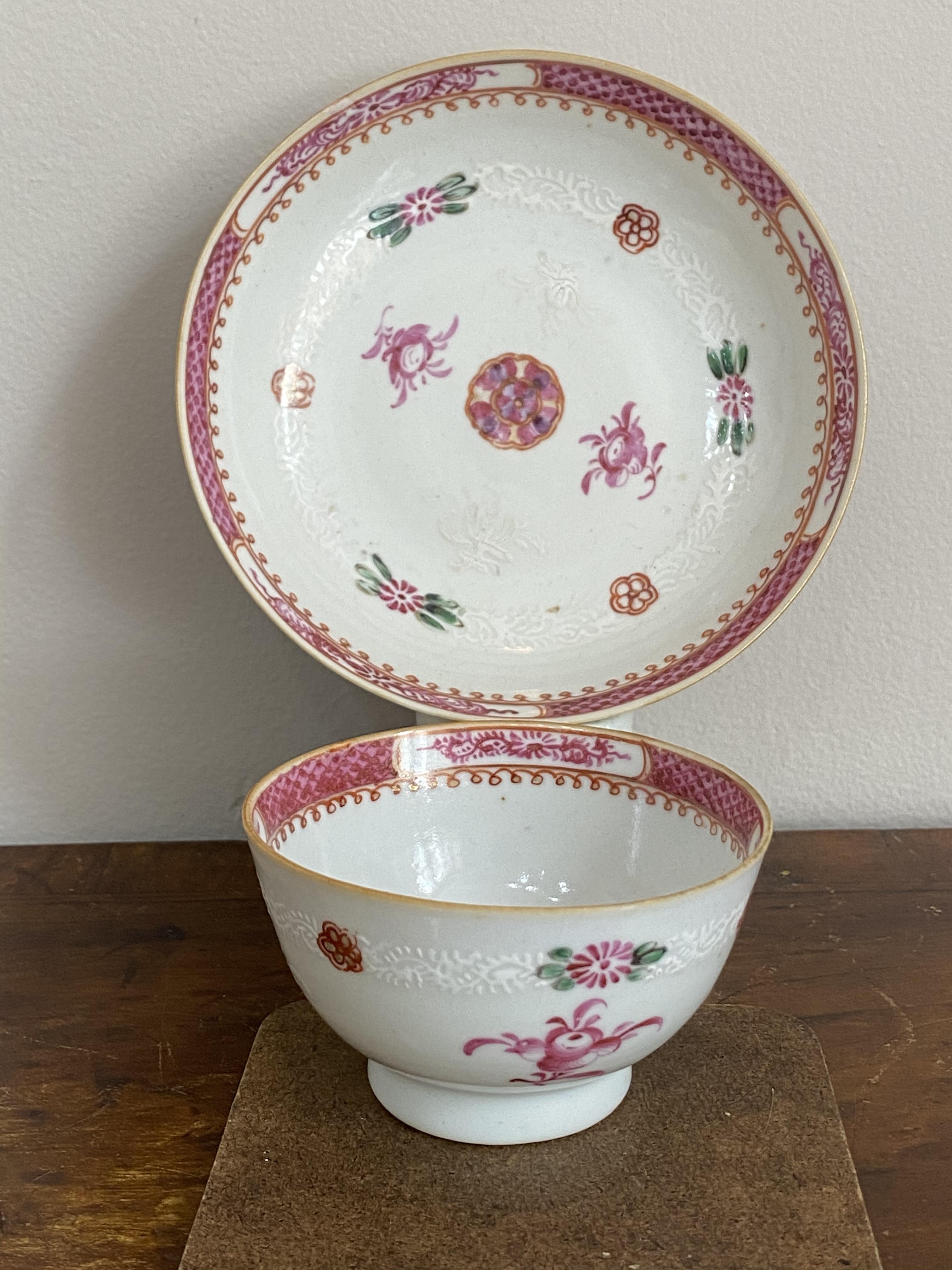 C18th Chinese famille rose tea bowl and saucer