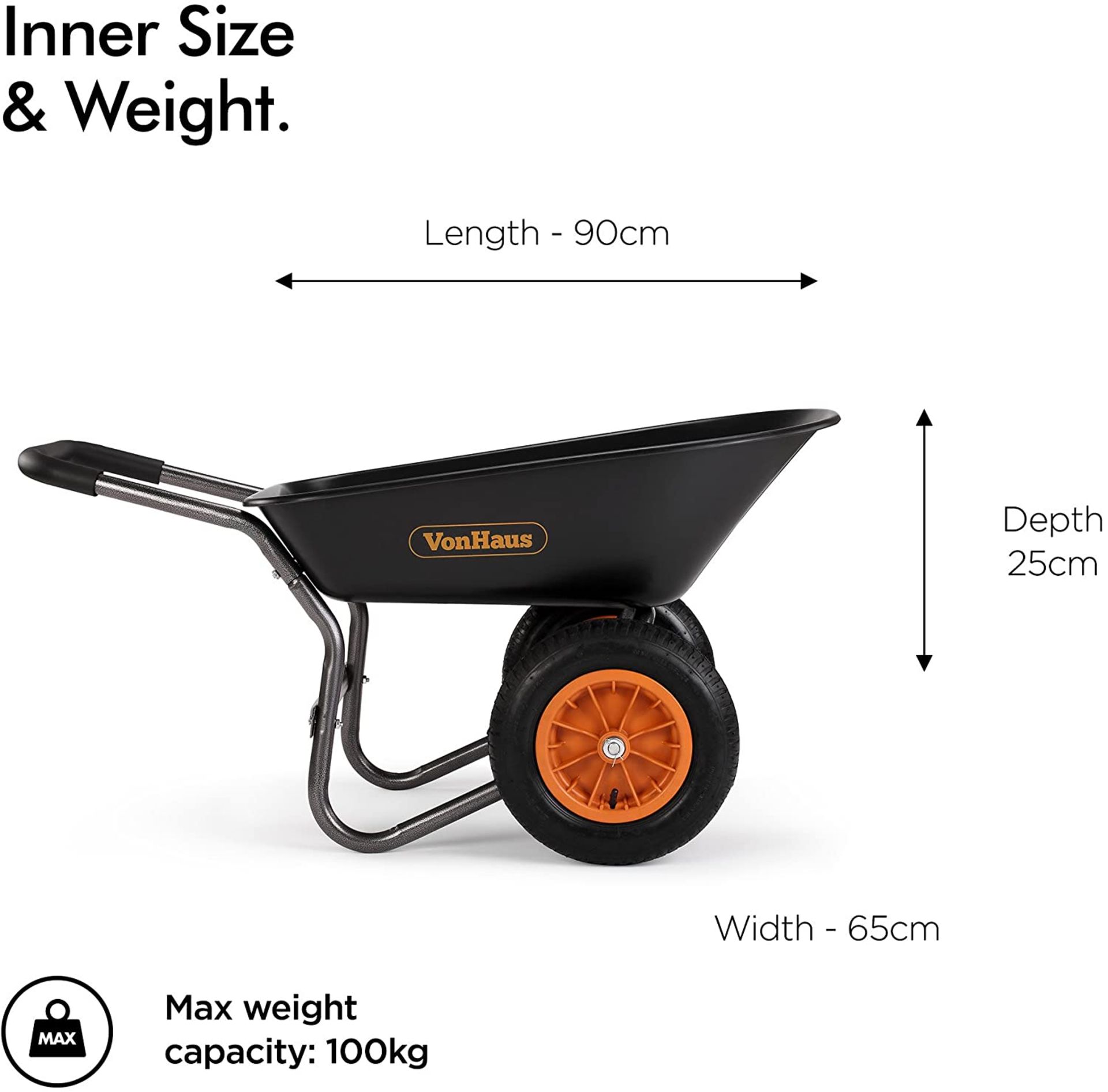 (JH1) 78L Wheelbarrow – Two Wheeled Pneumatic Tyre Heavy Duty Garden Tool/Waste Transportati... - Image 2 of 2