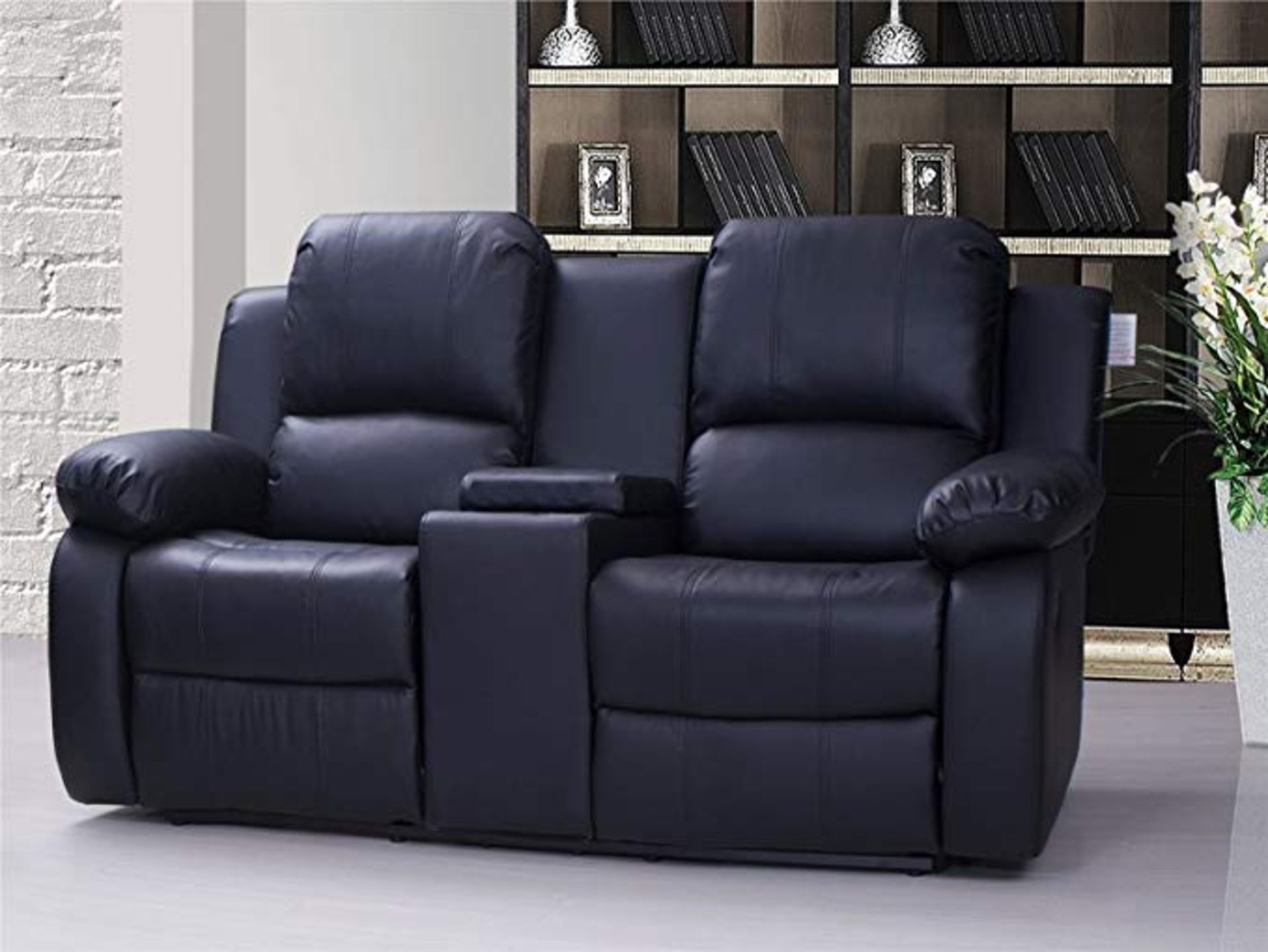 Brand New Boxed 2 Seater Supreme Black Leather Reclining Sofa With Drinks Holder And Console