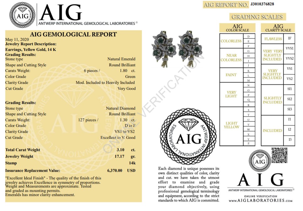 14 kt. Yellow gold - Earrings - 3.10 ct Emerald - Diamonds - Image 3 of 6