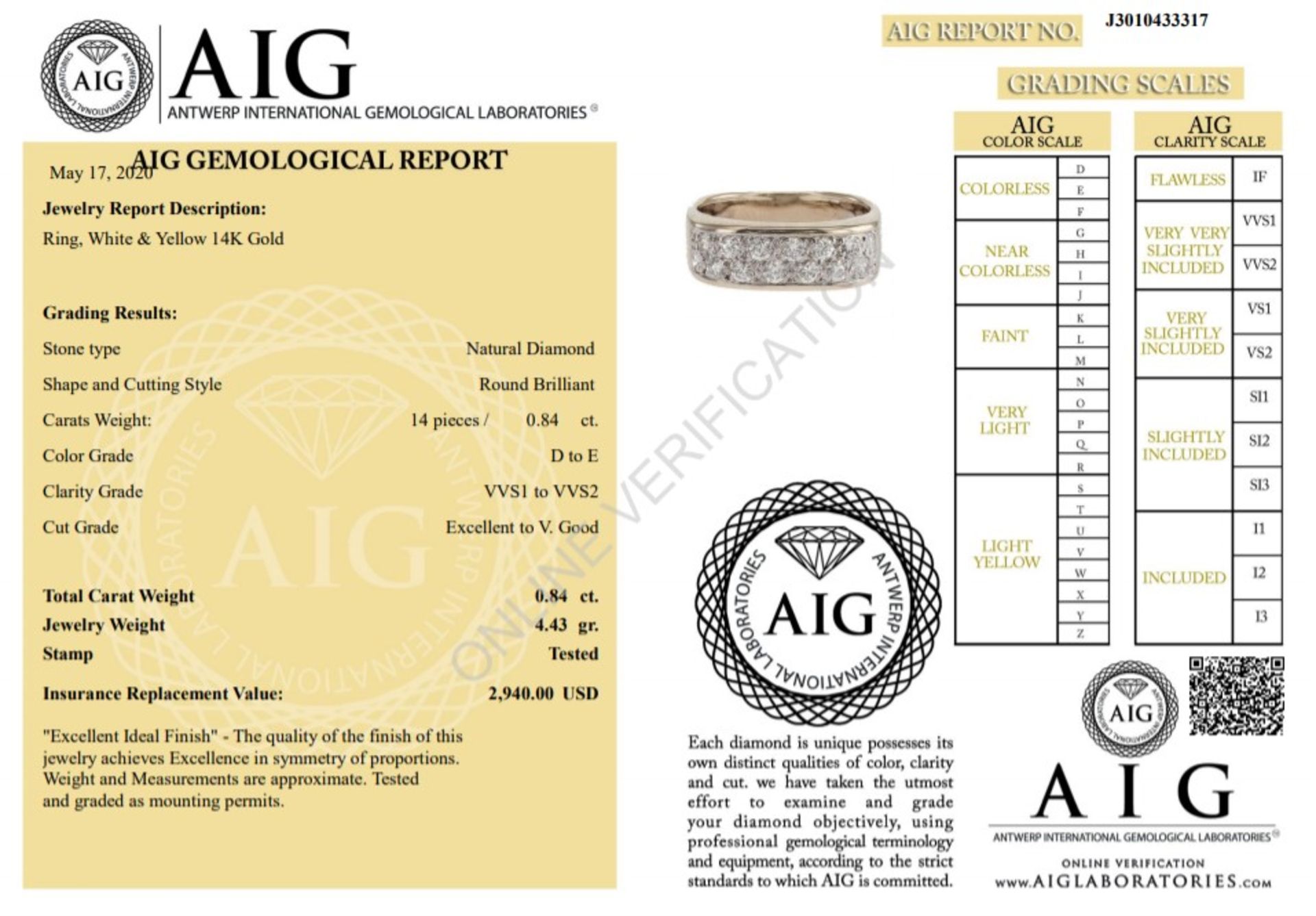 14 kt. White&Yellow gold - Ring Diamond-0.84CTW - Image 5 of 5