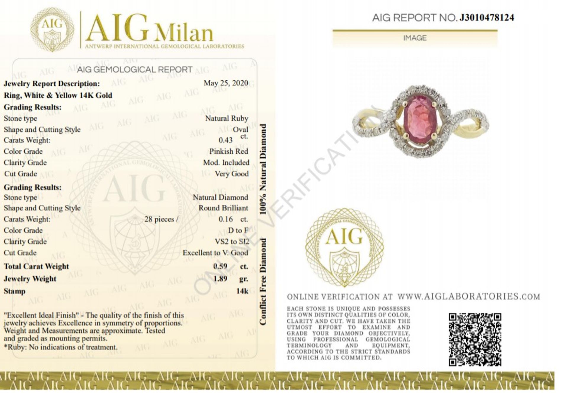 14 kt. White gold, Yellow gold - Ring - 0.59 ct Ruby - Diamonds - Image 6 of 6