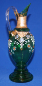 Bohemian Green Glass Ewer Jug Czech with Enamel and Gold Decoration 9 Inch 23cm