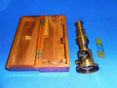 Vintage Brass Monocular Microscope Drum Type In Fitted Box With Slide