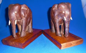 Original Vintage Carved Elephant Ornaments Bookends Wooden on Book Style Bases