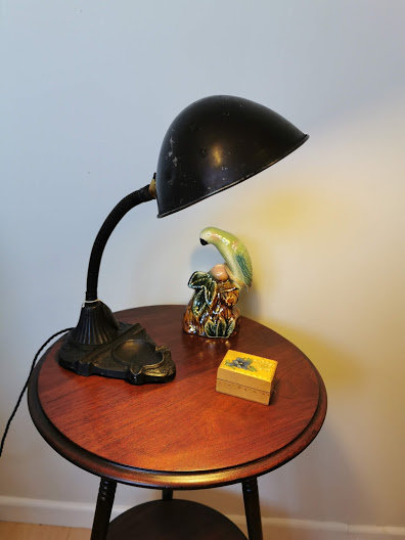 Antique Vintage Desk Lamp Features adjustable goose neck with period base. All original