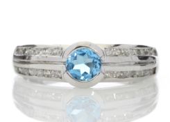 9ct White Gold Double Channel Set Diamond and Blue Topaz Ring