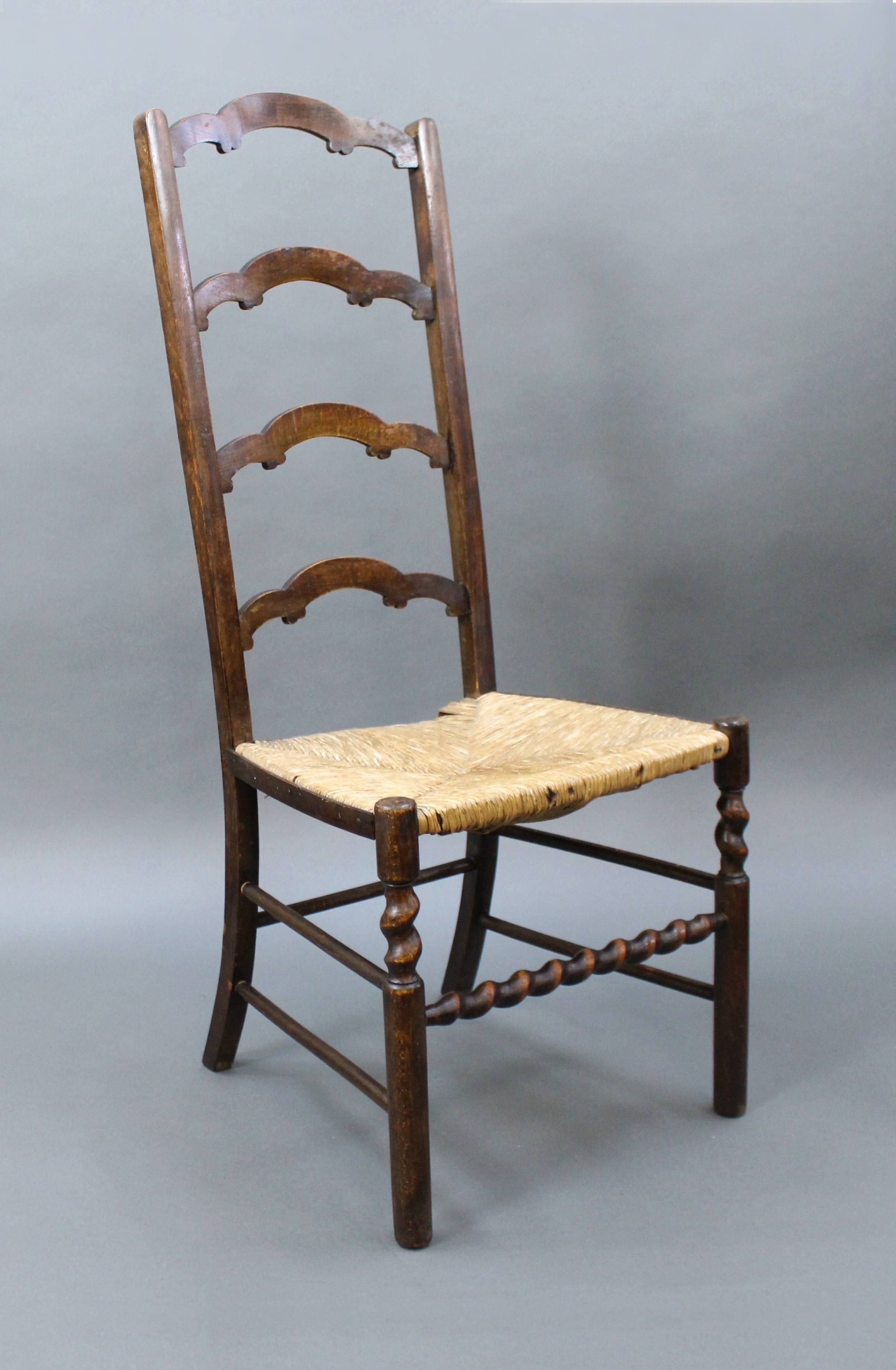 Early 20th c. Beech Ladderback Occasional Chair with Rush Seat