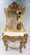 Large Carved Giltwood Marble Topped Console Table with Mirror