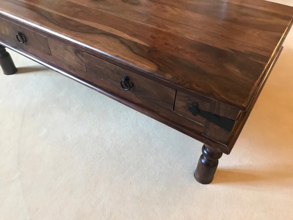 Heavy Hardwood Coffee Table with Metal Mounts - Image 6 of 9