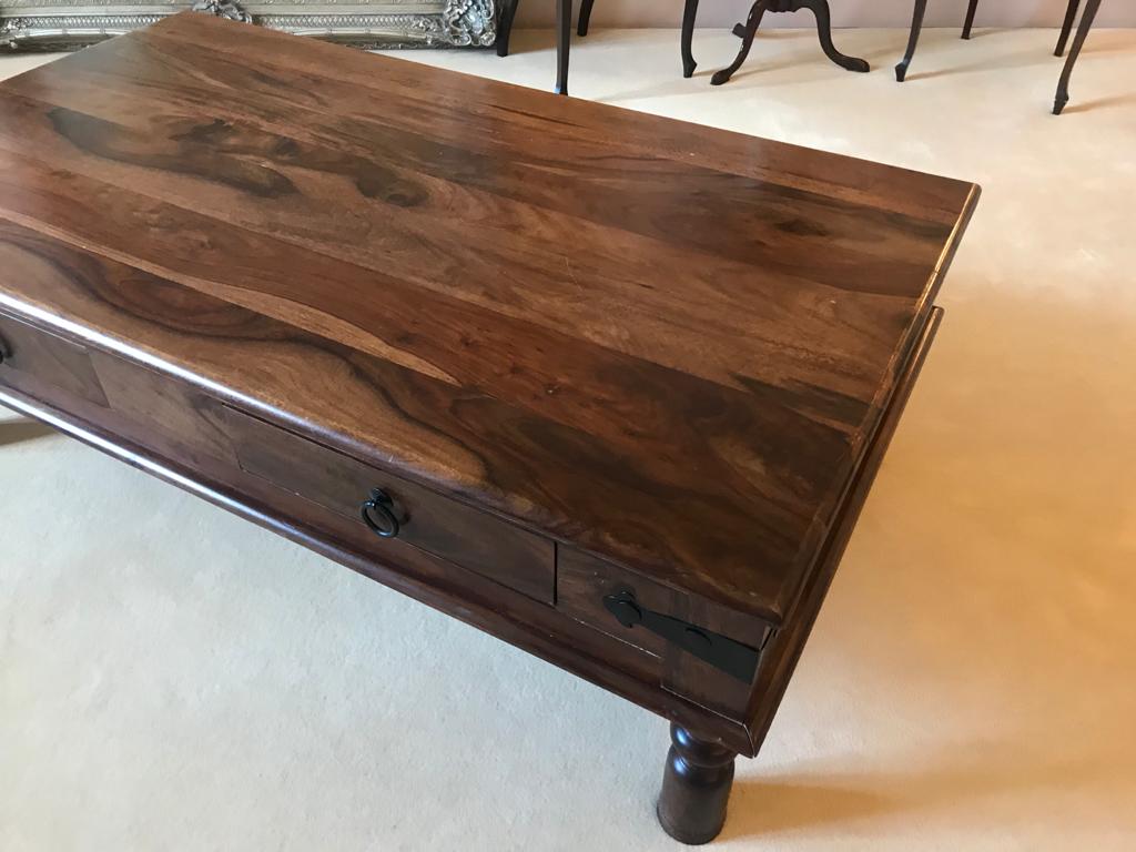 Heavy Hardwood Coffee Table with Metal Mounts - Image 7 of 9