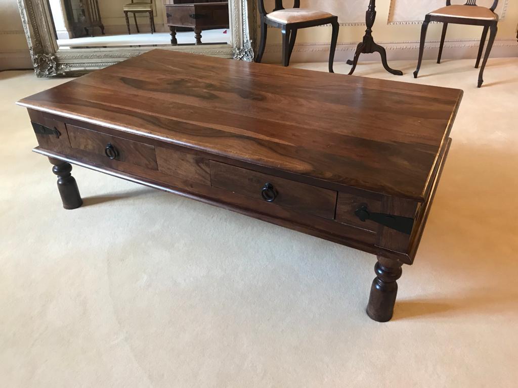 Heavy Hardwood Coffee Table with Metal Mounts - Image 2 of 9