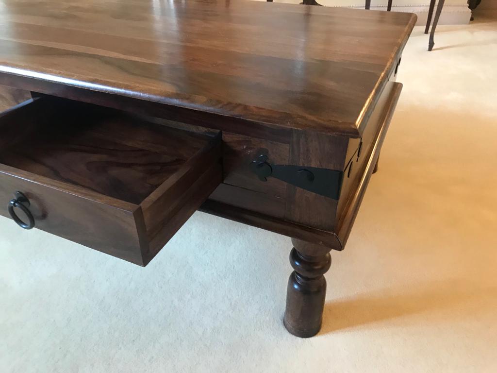 Heavy Hardwood Coffee Table with Metal Mounts - Image 3 of 9