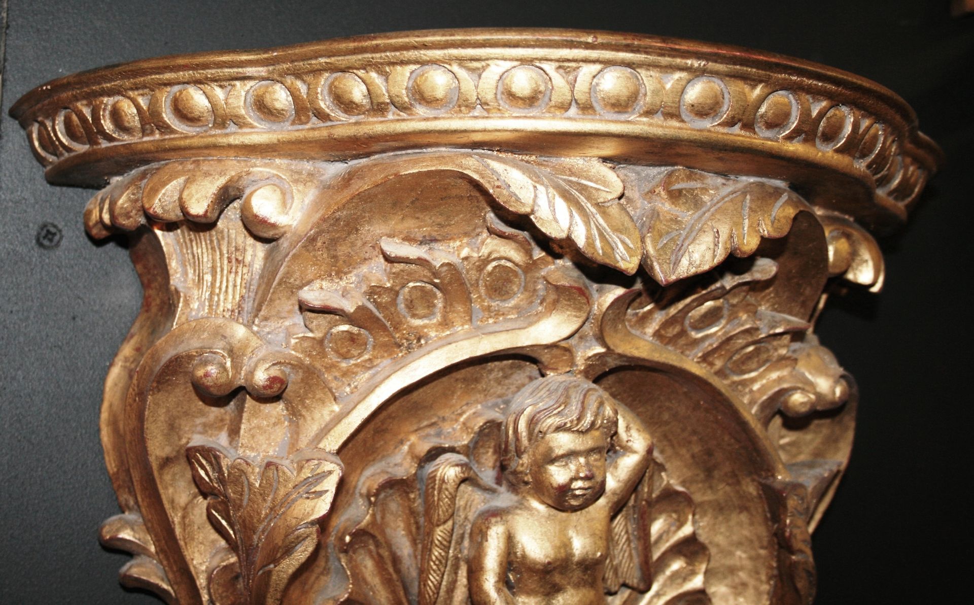 Pair of Gilded Hand Carved Cherubic Wall Brackets - Image 2 of 4