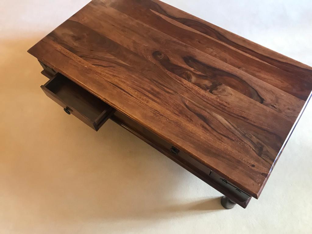 Heavy Hardwood Coffee Table with Metal Mounts - Image 4 of 9