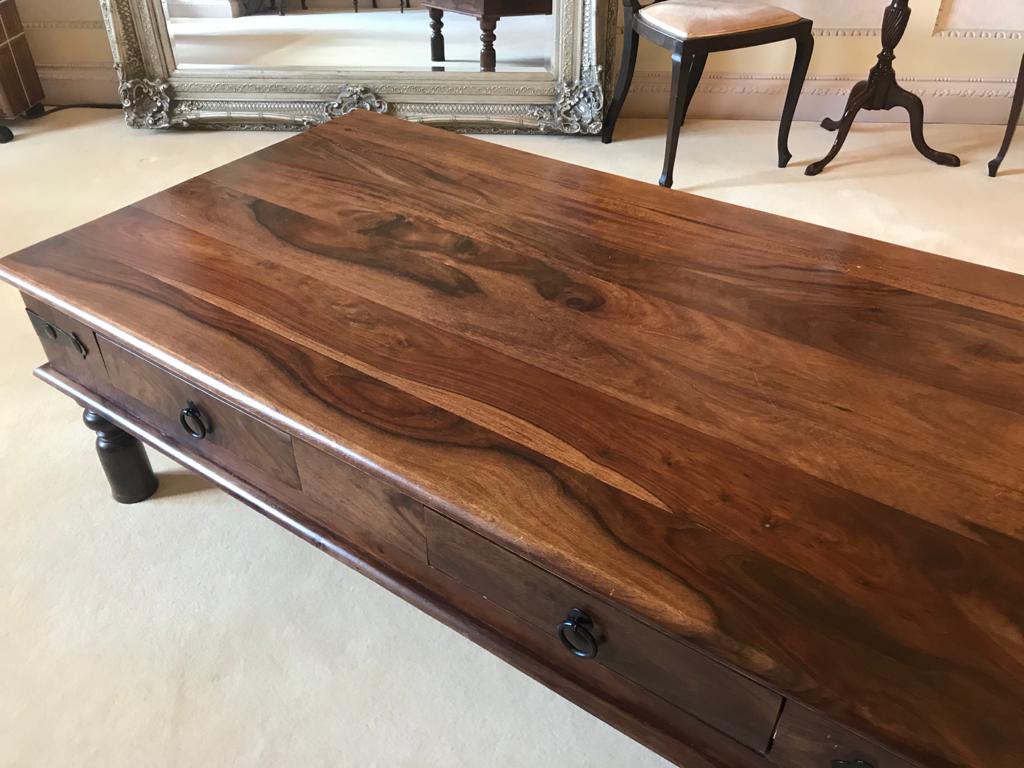 Heavy Hardwood Coffee Table with Metal Mounts - Image 9 of 9