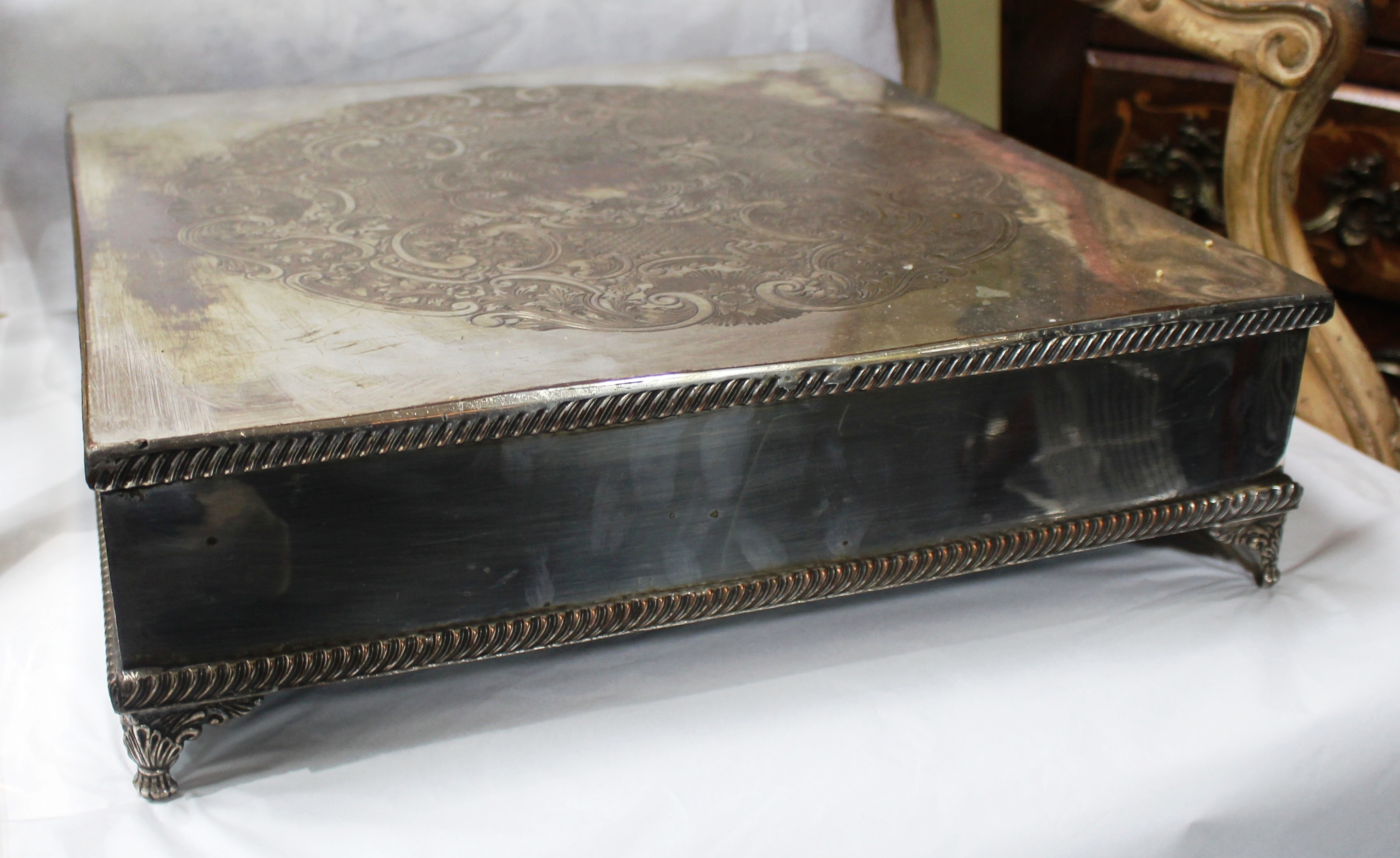 Large Antique Silver Plated Square Cake Stand - Image 2 of 3