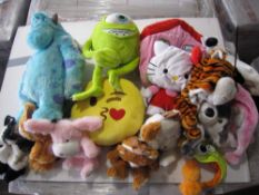14 x assorted plush Monsters Inc, Hello Kitty toys, furry backpacks and furry hats