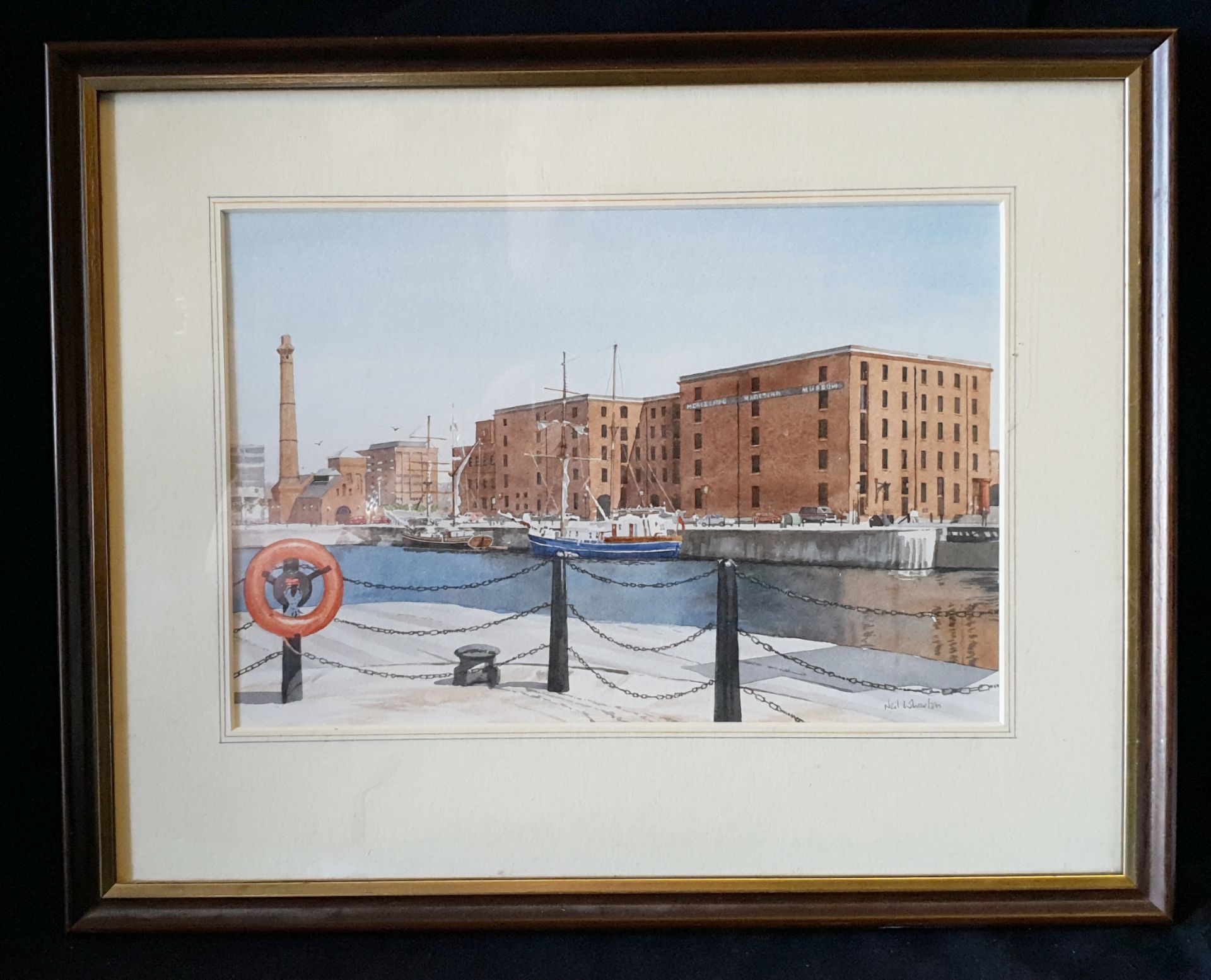 Vintage Art Watercolour Neil Wharton Liverpool Docks 'Ships Moored By Maritime Museum'