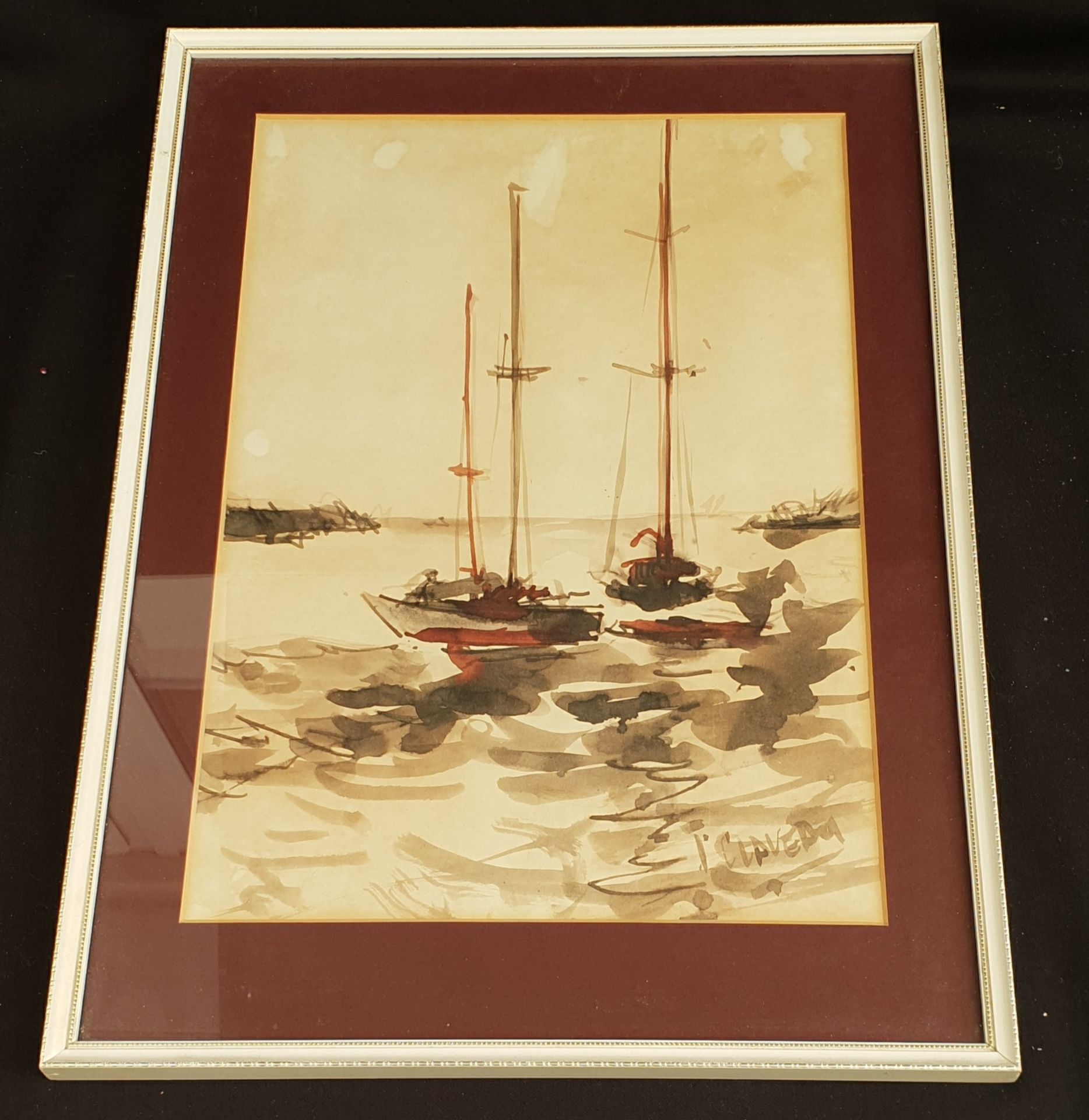 Vintage Art Framed Painting Watercolour Nautical Theme Signed Lower Right T Claverdon