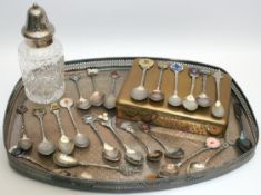 Vintage Silver Plated Galleried Tray Collectors Spoons etc.