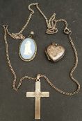 Vintage Sterling Silver Cross & Chain Plus Wedgwood Pendant & Silver Locket