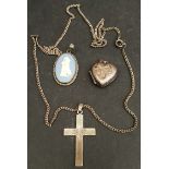 Vintage Sterling Silver Cross & Chain Plus Wedgwood Pendant & Silver Locket