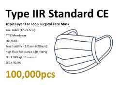 100,000 x Type IIR Standard CE Fluid Resistant Triple Layer Ear Loop Surgical