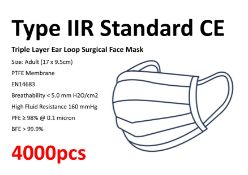 4000 x (starting £0.30/unit) Type IIR Standard CE Fluid Resistant Triple Layer Ear Loop Surgical Fac