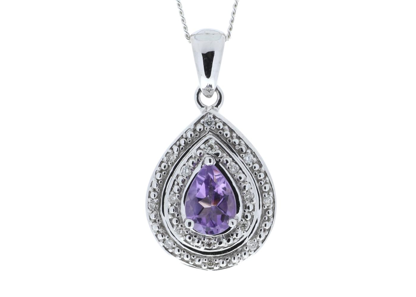 9ct White Gold Amethyst Pear Shaped Cluster Diamond Pendant