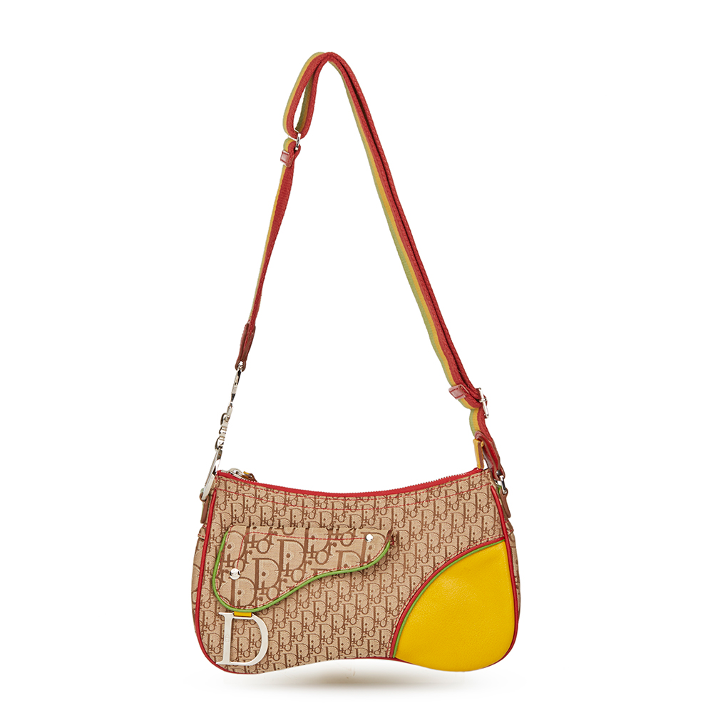 Christian Dior Brown Monogram Canvas & Yellow Calfskin Leather Rasta Crossbody Double Saddle Bag