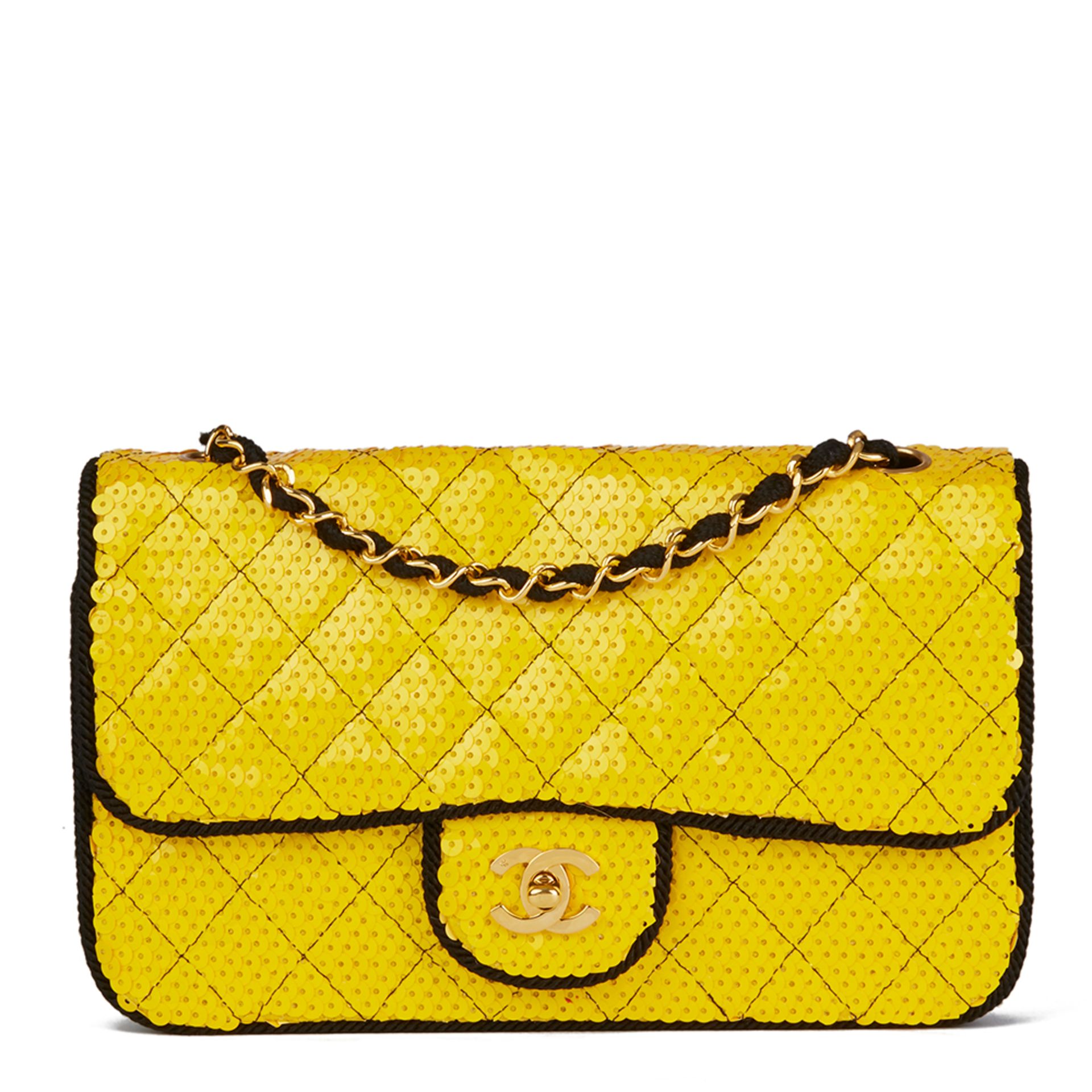 Chanel Yellow Quilted Sequin & Black Fabric Embellished Vintage Classic Single Flap Bag