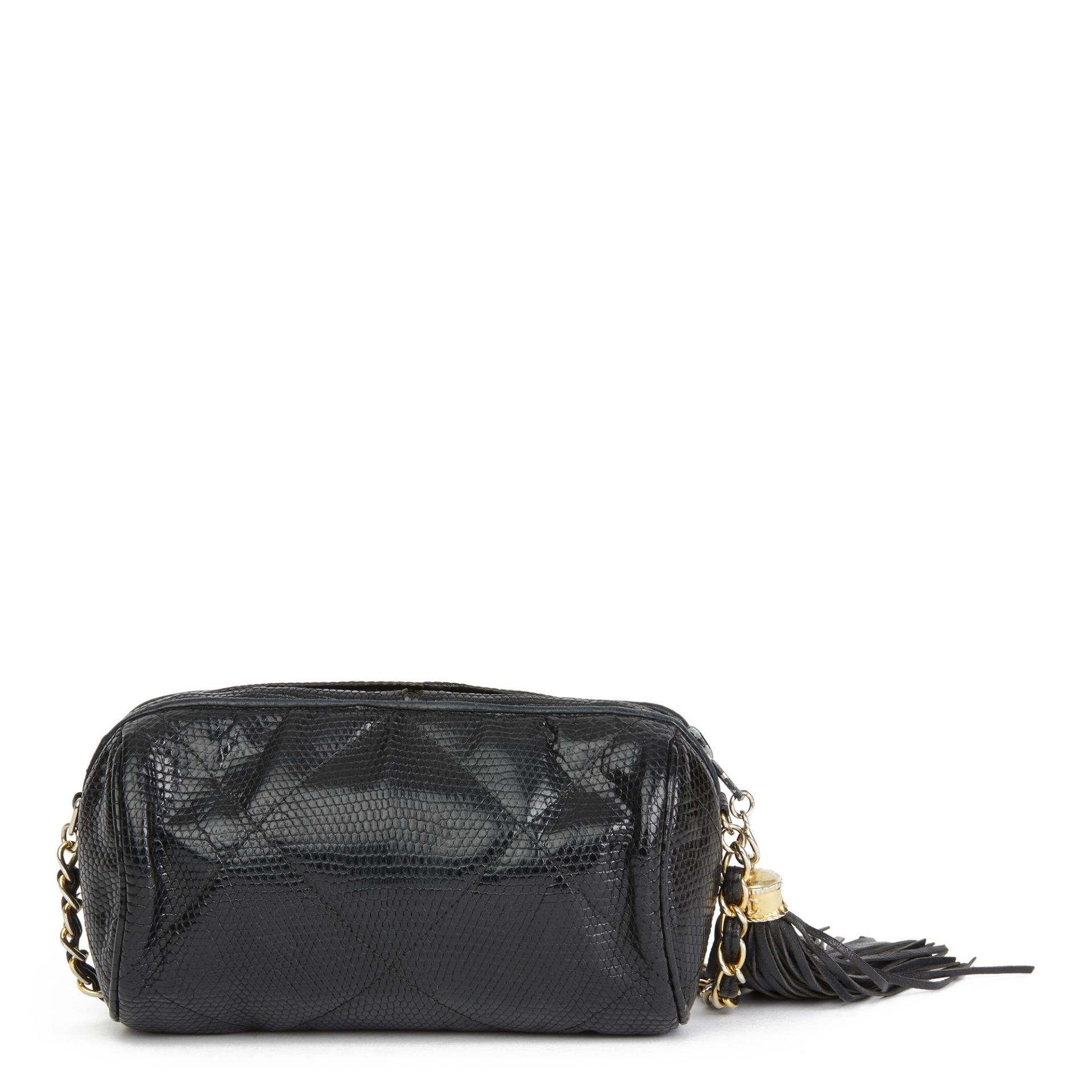 Chanel Black Quilted Lizard Leather Vintage Timeless Fringe Shoulder Pochette - Image 10 of 12